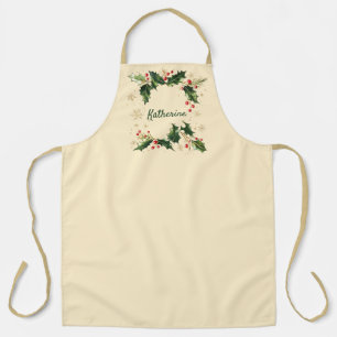Pretty Personalized Holly & Snowflakes Xmas Apron
