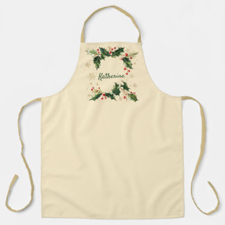 Pretty Personalized Holly & Snowflakes Xmas Apron