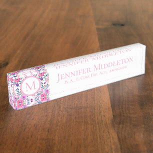 Pretty Personalized Pink Floral Monogram Nameplate