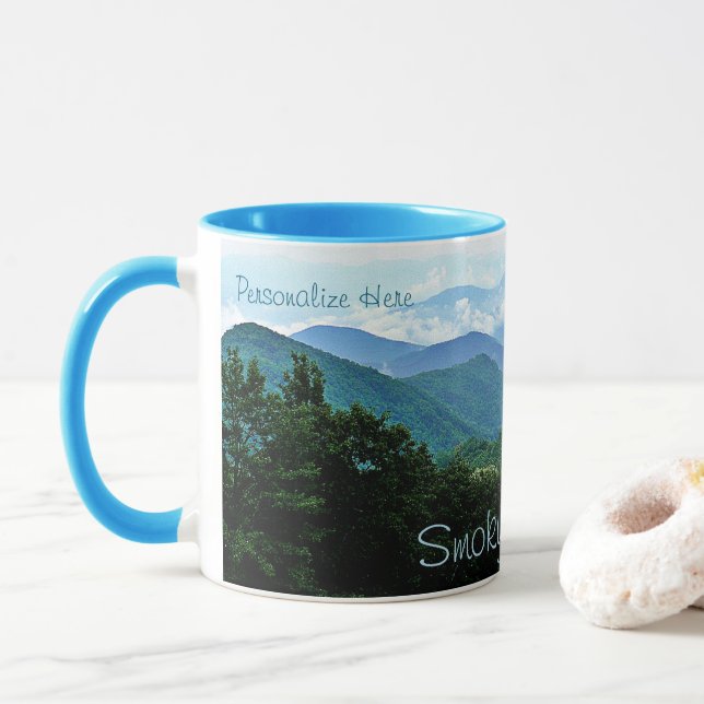 Pretty Personalized Smoky Mountains Blue Green Mug (With Donut)