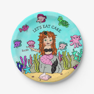Pretty Pesonalized Pink and Black Mermaid Birthday Paper Plate