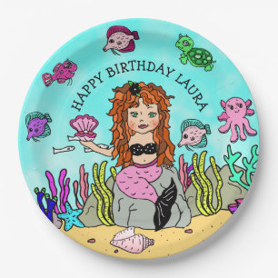 Pretty Pesonalized Pink and Black Mermaid Birthday Paper Plate