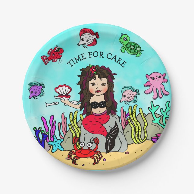 Pretty Pesonalized Red and Black Mermaid Birthday Paper Plate (Front)