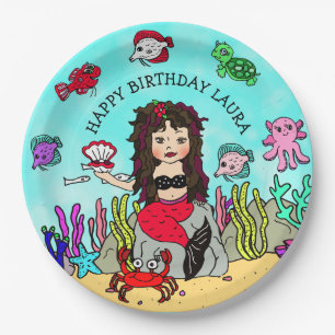 Pretty Pesonalized Red and Black Mermaid Birthday Paper Plate