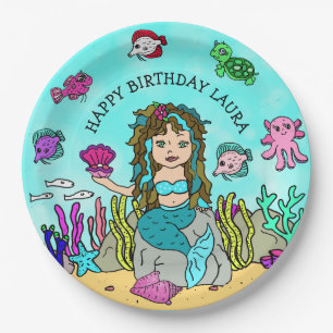 Pretty Pesonalized Turquoise Mermaid Birthday Paper Plate