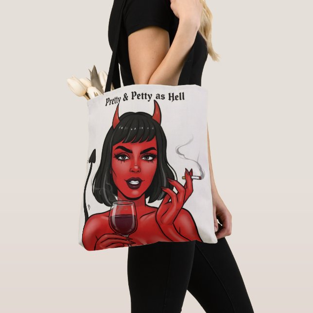 Pretty & Petty as Hell Devil Girl Tote Bag | Gothi (Close Up)