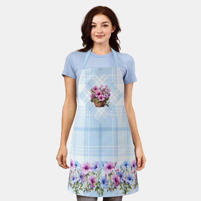 Pretty Petunia Apron Light Blue Plaid Pink Blue  (Worn)