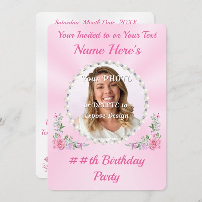 Pretty, PHOTO Birthday Invitation Card, for Her (Front/Back)
