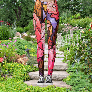 Pretty Pink Abstract Roses Stained Glass Look Leggings