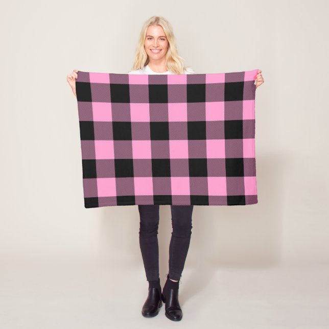 Pretty Pink and Black Buffalo Check Fleece Blanket (In Situ)
