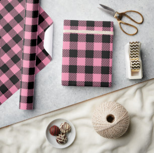 Pretty Pink And Black Buffalo Plaid Wrapping Paper