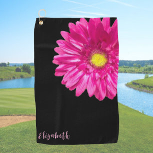 Pretty pink and black daisy flower custom name golf towel