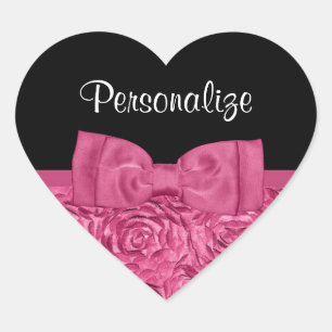 Pretty Pink and Black Rose Floral Chic Bow Heart Sticker