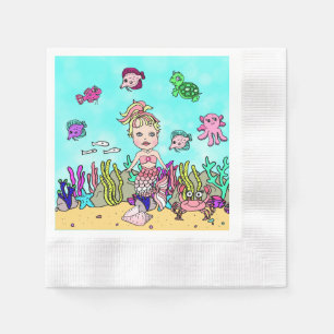 Pretty Pink and Blonde Mermaid Birthday Party Napkin