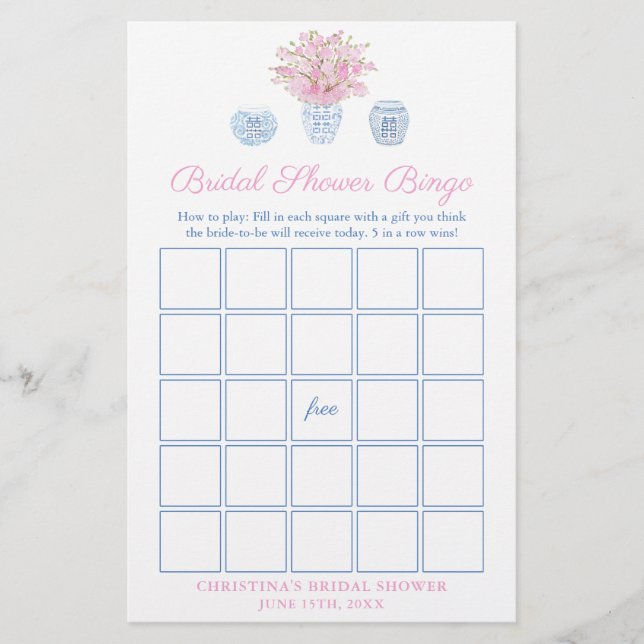 Pretty Pink And Blue Bridal Bingo Shower Game Card (Front)