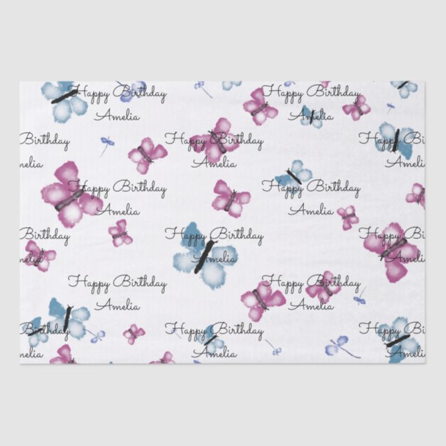 Pretty Pink and Blue Butterfly Tissue Paper (Front)