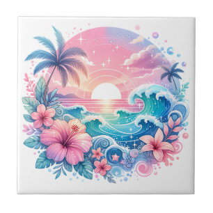 Pretty Pink and Blue Coastal Art Ceramic Tile