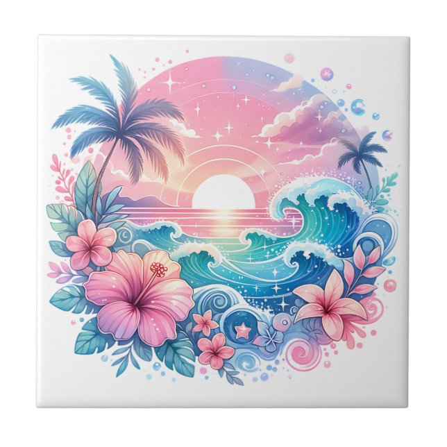 Pretty Pink and Blue Coastal Art Ceramic Tile (Front)