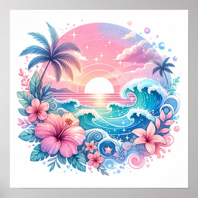 Pretty Pink and Blue Coastal Art Poster (Front)