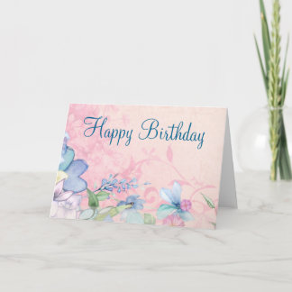Pretty Pink and Blue Floral Background Birthday Card