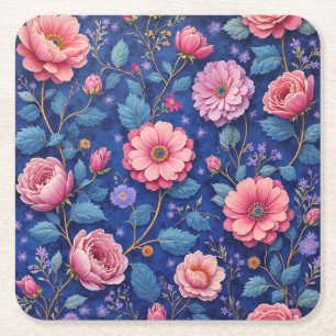 Pretty pink and blue floral pattern square paper coaster