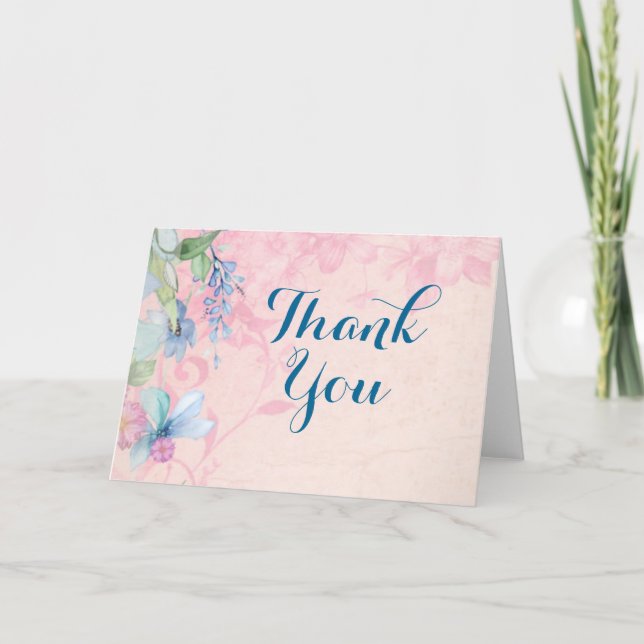 Pretty Pink and Blue Floral Thank You Card (Front)