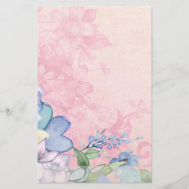 Pretty Pink and Blue Floral Wildflowers Stationery (Front)