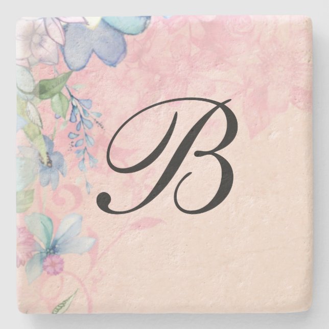 Pretty Pink and Blue Floral Wildflowers Stone Coaster (Front)