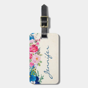 Pretty Pink and Blue Flower Border Luggage Tag