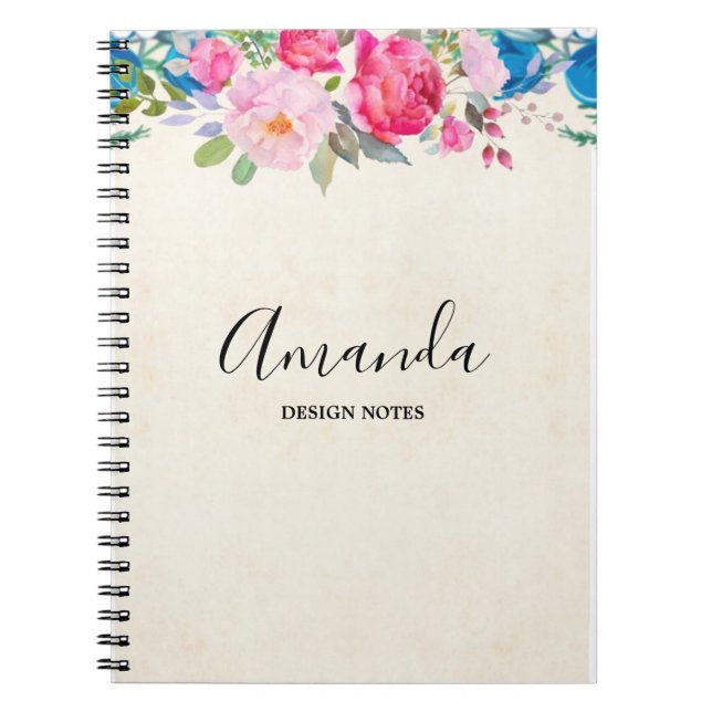 Pretty Pink and Blue Flower Border Notebook (Front)