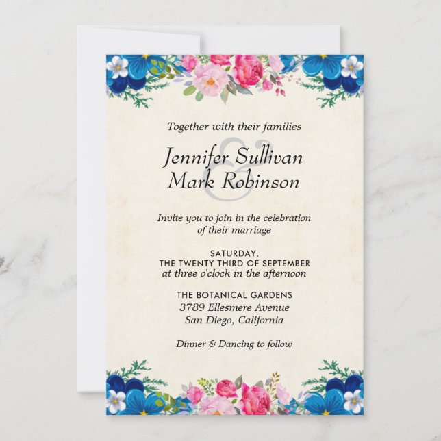 Pretty Pink and Blue Flower Border Wedding Invitation (Front)