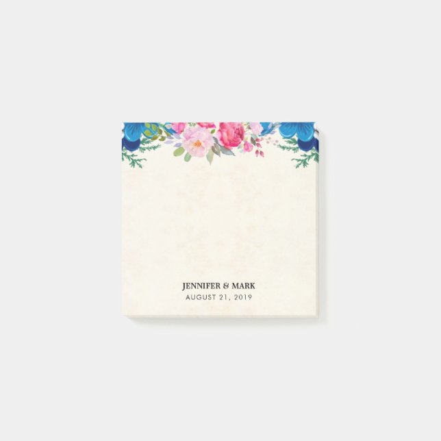 Pretty Pink and Blue Flower Border Wedding Post-it Notes (Front)