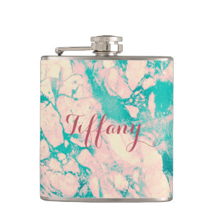 Pretty Pink and Blue Marble Hip Flask
