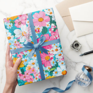 Pretty Pink and Blue Retro Floral  Wrapping Paper