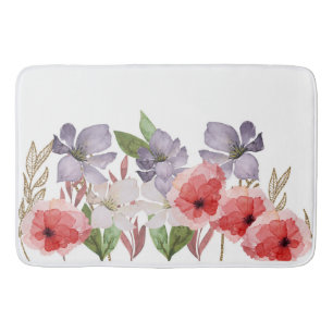 Pretty Pink and Blue Watercolor Flowers Bath Mat