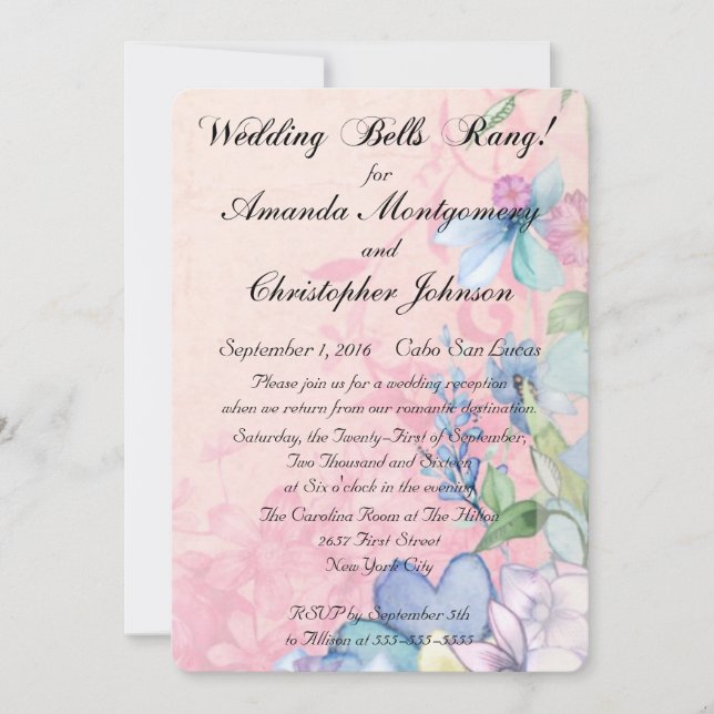 Pretty Pink and Blue Wildflowers Wedding Reception Invitation (Front)