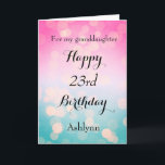 Pretty Pink and Bokeh 23rd Birthday Card<br><div class="desc">A pretty bokeh blue and pink 23rd birthday card for daughter,  niece,  granddaughter,  etc. The front of this pretty 23rd birthday can be easily personalised with her name. The inside card message can also be personalised. This would make a beautiful twenty third birthday card keepsake for her.</div>