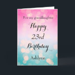 Pretty Pink and Bokeh 23rd Birthday Card<br><div class="desc">A pretty bokeh blue and pink 23rd birthday card for daughter,  niece,  granddaughter,  etc. The front of this pretty 23rd birthday can be easily personalised with her name. The inside card message can also be personalised. This would make a beautiful twenty third birthday card keepsake for her.</div>