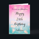 Pretty Pink and Bokeh 24th Birthday Card<br><div class="desc">A pretty bokeh blue and pink 24th birthday card for daughter,  niece,  granddaughter,  etc. The front of this pretty 24th birthday can be easily personalised with her name. The inside card message can also be personalised. This would make a beautiful twenty fourth birthday card keepsake for her.</div>