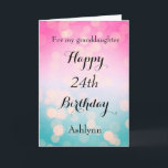 Pretty Pink and Bokeh 24th Birthday Card<br><div class="desc">A pretty bokeh blue and pink 24th birthday card for daughter,  niece,  granddaughter,  etc. The front of this pretty 24th birthday can be easily personalised with her name. The inside card message can also be personalised. This would make a beautiful twenty fourth birthday card keepsake for her.</div>