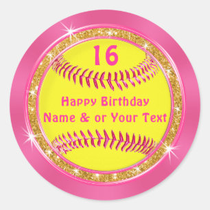 Pretty Pink and Gold Birthday Softball Stickers