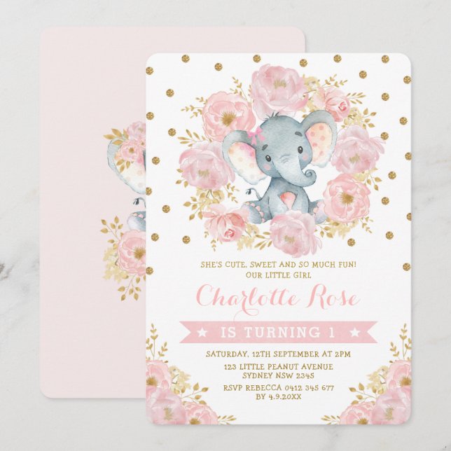 Pretty Pink and Gold Elephant 1st Birthday Jungle Invitation (Front/Back)