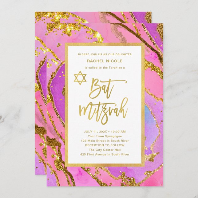 Pretty Pink and Gold Geode | Bat Mitzvah Invitation (Front/Back)