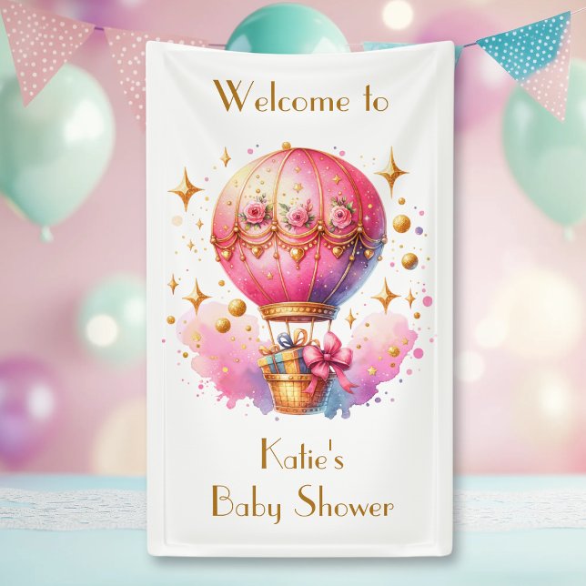 Pretty Pink and Gold Hot Air Balloons Baby Shower Banner (Creator Uploaded)