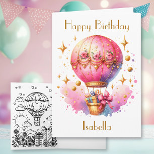 Pretty Pink and Gold Hot Air Balloons Birthday Card