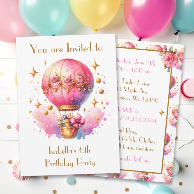 Pretty Pink and Gold Hot Air Balloons Birthday Invitation (Creator Uploaded)
