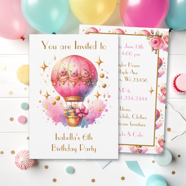 Pretty Pink and Gold Hot Air Balloons Birthday Invitation (Creator Uploaded)