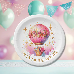 Pretty Pink and Gold Hot Air Balloons Personalised Paper Plate