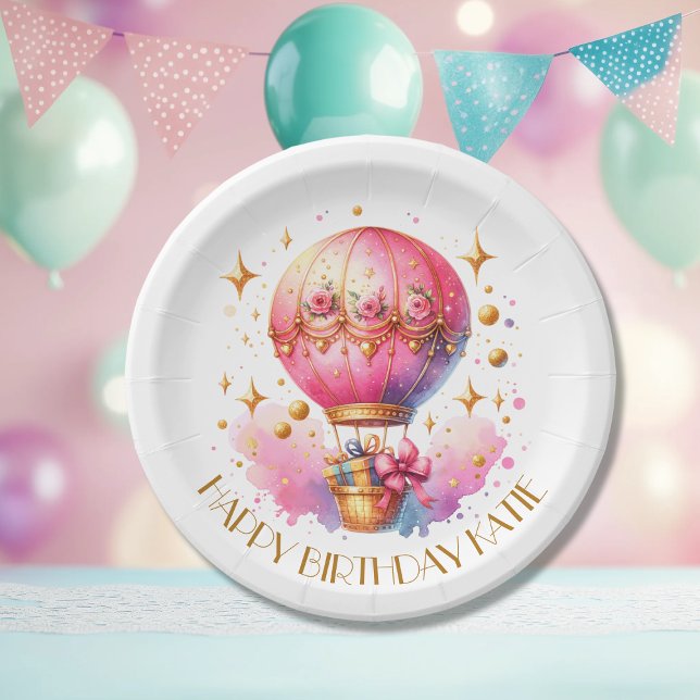 Pretty Pink and Gold Hot Air Balloons Personalised Paper Plate (Creator Uploaded)