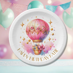 Pretty Pink and Gold Hot Air Balloons Personalised Paper Plate
